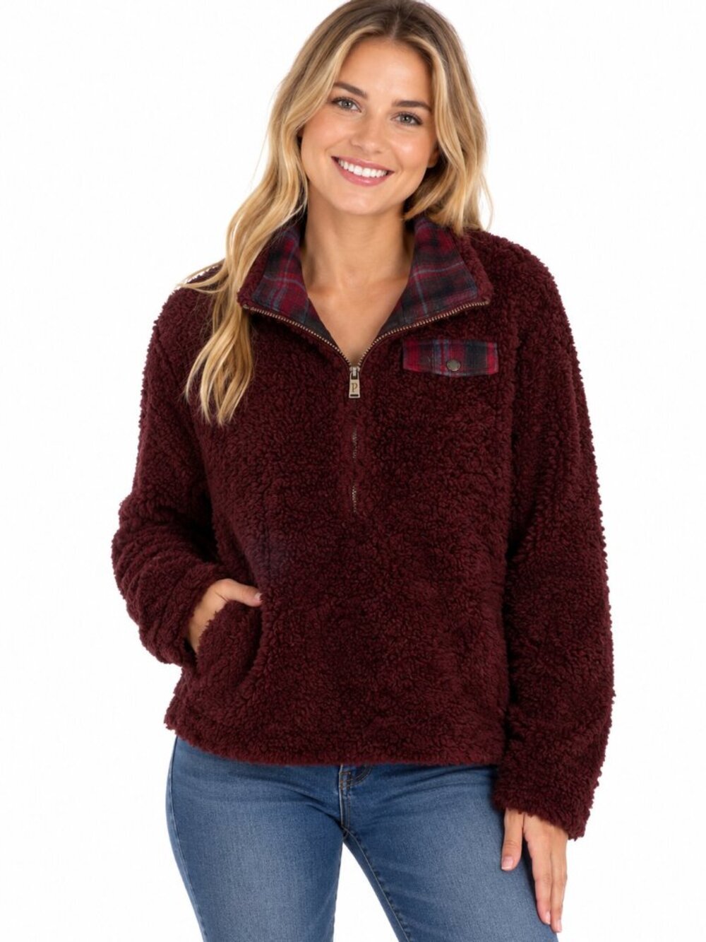 Pendleton Fuzzy Zip Jacket Size Medium Dark Red Maroon Deep Pile Plaid Accent